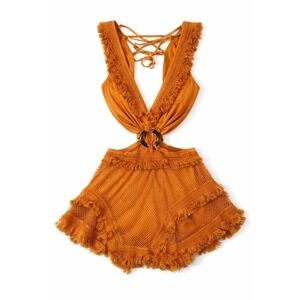 Rosevelvet Mustard Yellow Fringe Mesh Cutout Lace Up Dress Small NWT Festival